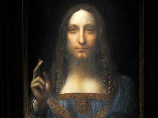 Leonardo da Vinci’s Salvator Mundi vor schwarzem Hintergrund.