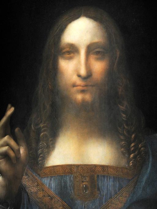 Leonardo da Vinci’s Salvator Mundi vor schwarzem Hintergrund.