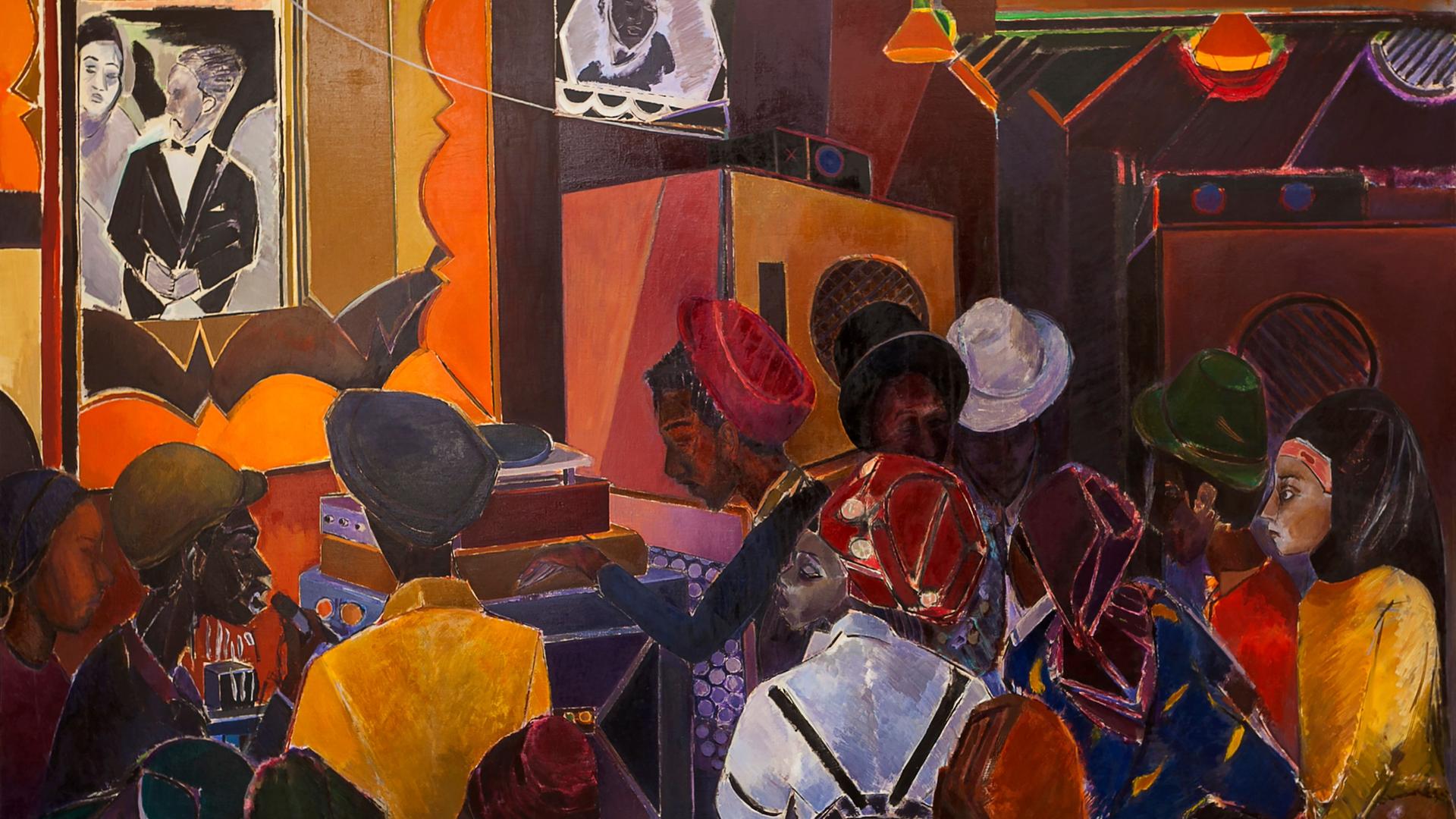 Das farbintensive Bild von Denzil Forrester mit dem Titel "Jah Shaka" zeigt eine Menschenmenge die Musik hört und dabei beobachtet wird. 