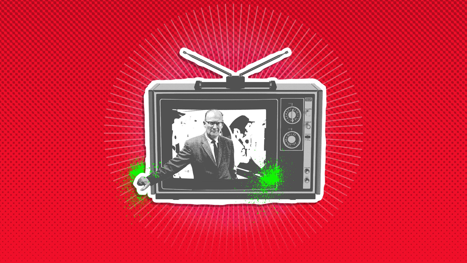 In einem Retro-Fernseher ist der Autor Arthur C. Clarke zu sehen. Beides ist schwarz-weiß aufgerastert. Auf dem roten Hintergrund liegt ein heller Strahlenkranz. Grübe Kleckse sind auf und neben dem Fernseher zu sehen.
