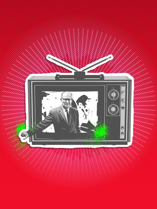 In einem Retro-Fernseher ist der Autor Arthur C. Clarke zu sehen. Beides ist schwarz-weiß aufgerastert. Auf dem roten Hintergrund liegt ein heller Strahlenkranz. Grübe Kleckse sind auf und neben dem Fernseher zu sehen.