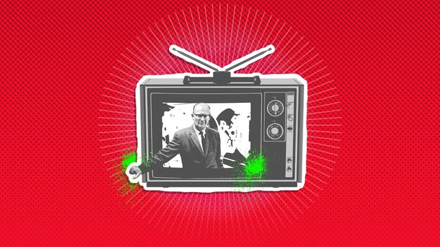 In einem Retro-Fernseher ist der Autor Arthur C. Clarke zu sehen. Beides ist schwarz-weiß aufgerastert. Auf dem roten Hintergrund liegt ein heller Strahlenkranz. Grübe Kleckse sind auf und neben dem Fernseher zu sehen.