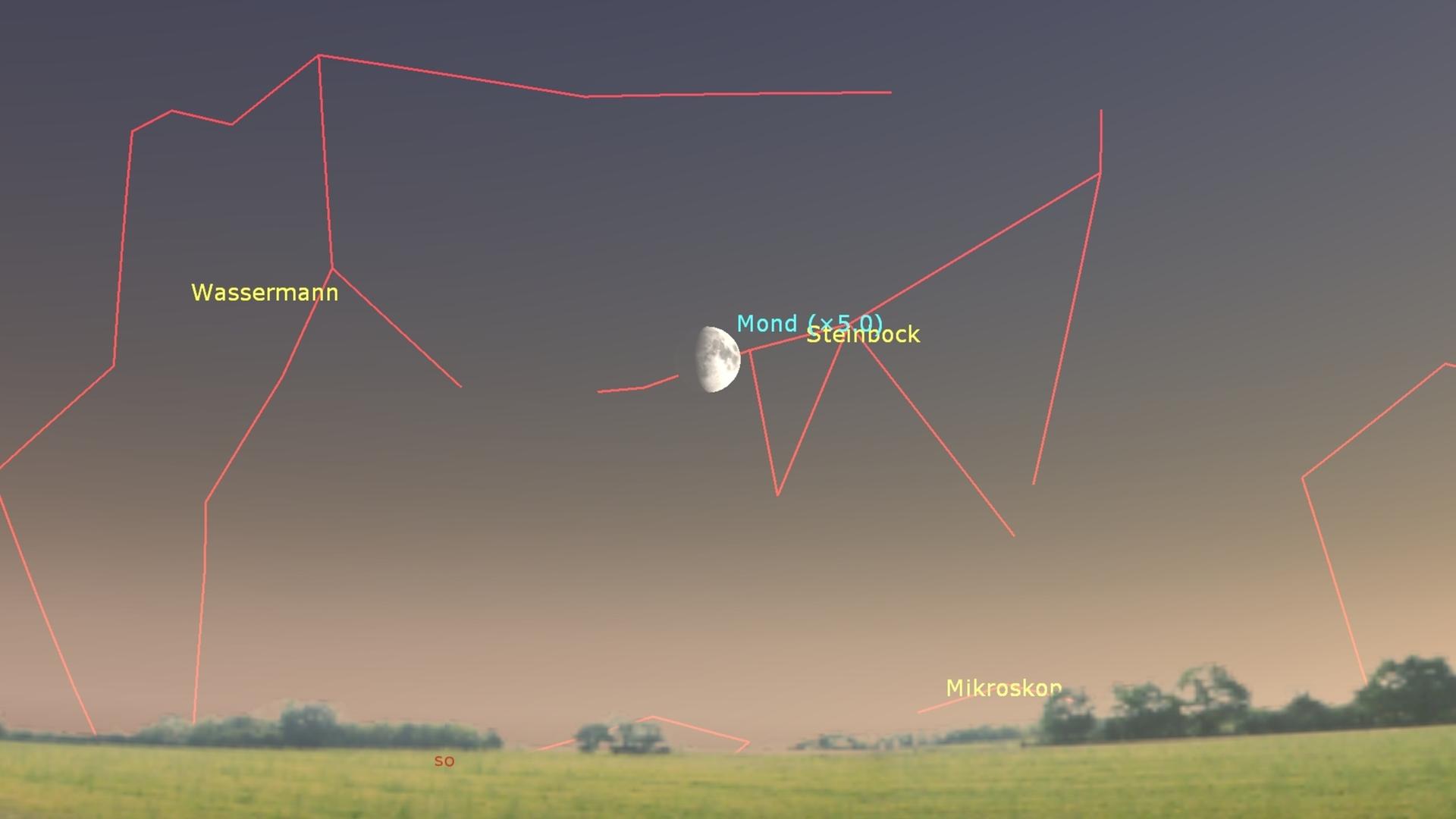 Der zunehmende Mond steht in der Abenddämmerung tief über einer offenen Landschaft und ist zwischen den Sternbildern Steinbock und Wassermann markiert. Der zunehmende Mond steht in der Abenddämmerung tief über einer offenen Landschaft und ist zwischen den Sternbildern Steinbock und Wassermann markiert.