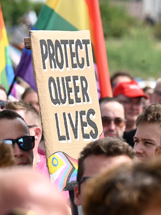 Das Bild zeigt ein Protestschild. Es trägt die Aufschrift: "PROTECT QUEER LIVES". Drum herum sind viele Menschen zu sehen.