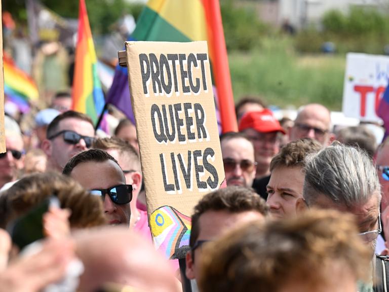 Das Bild zeigt ein Protestschild. Es trägt die Aufschrift: "PROTECT QUEER LIVES". Drum herum sind viele Menschen zu sehen.