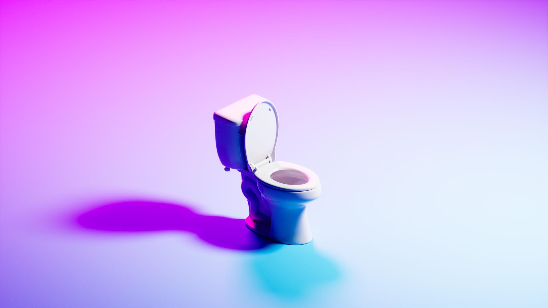 Abstrakte Darstellung einer alleinstehenden Toilette vor einem lilanen Hintergrund Abstrakte Darstellung einer alleinstehenden Toilette vor einem lilanen Hintergrund