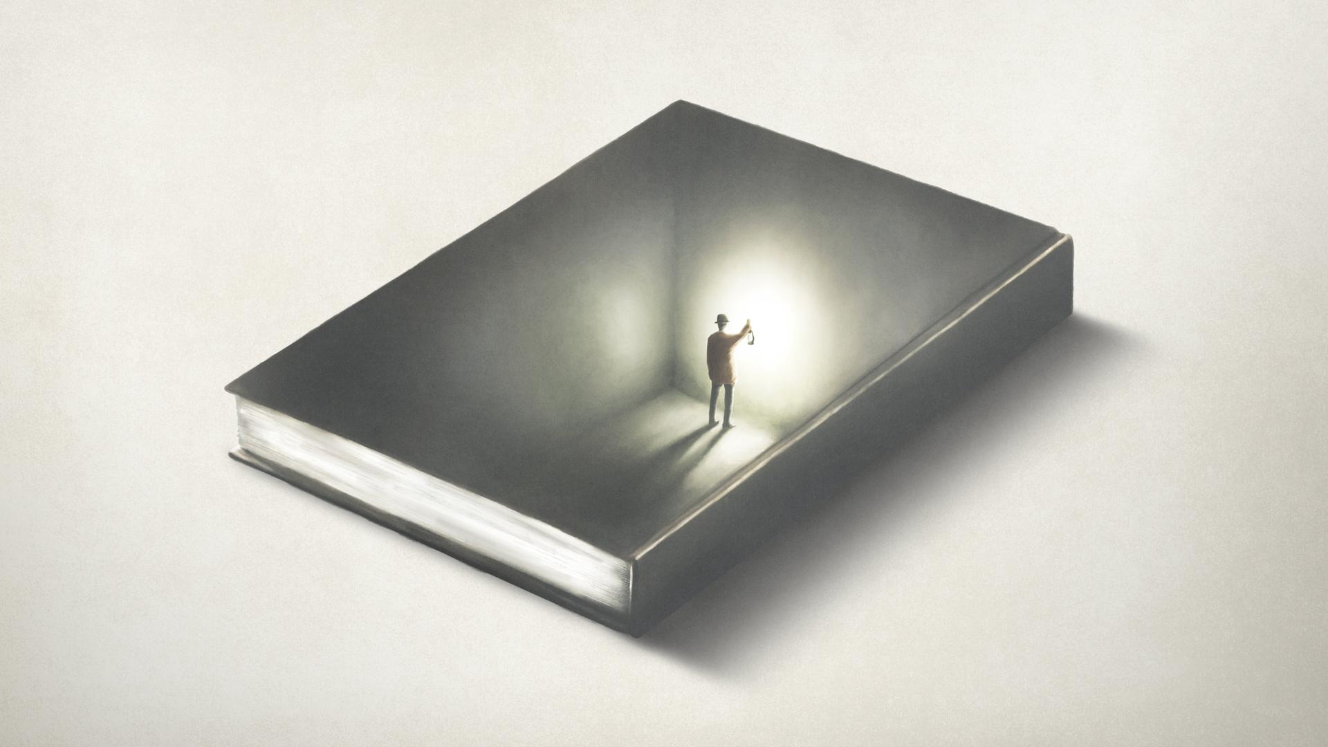 Illustration: Ein Mann in einem Buch hält eine Laterne, eine optische Illusion.