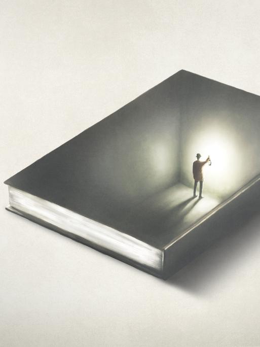Illustration: Ein Mann in einem Buch hält eine Laterne, eine optische Illusion.
