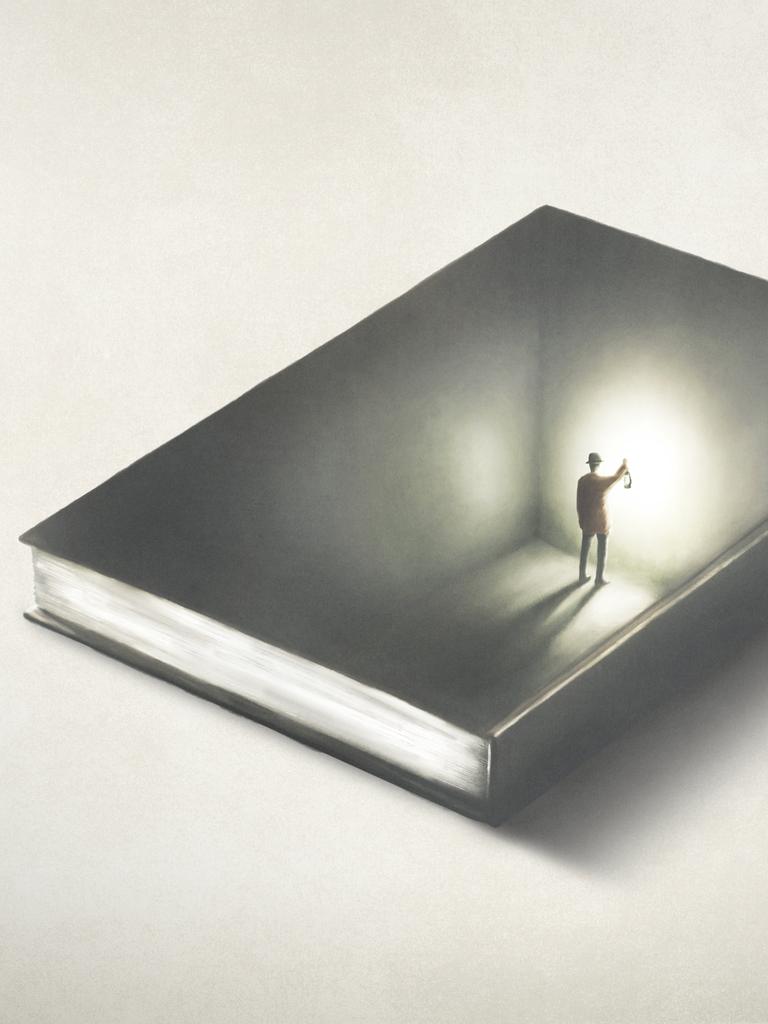 Illustration: Ein Mann in einem Buch hält eine Laterne, eine optische Illusion.