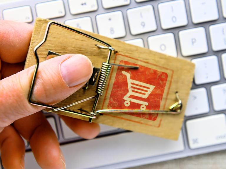 Hand in Mausefalle mit Einkaufswagen vor einer Computertastatur, Fotomontage (Symbolbild)