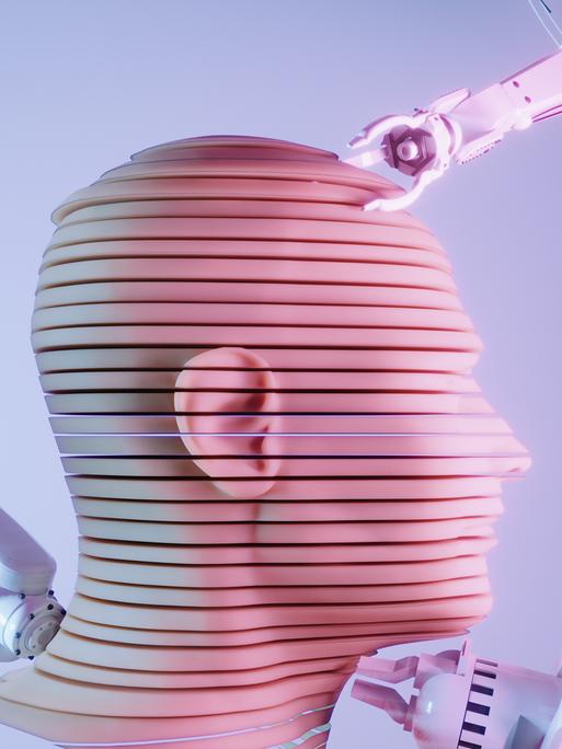 Ein geschnittener und geschichteter Cyborg-Kopf mit Roboterarmen, die an dem Kopf arbeiten.