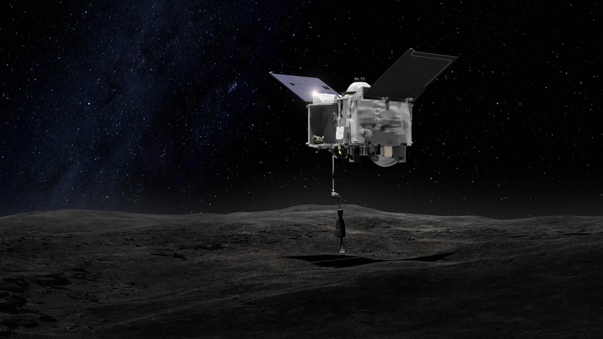 Eine undatierte grafische Darstellung zeigt die Nasa-Sonde Osiris-Rex, die über dem Asteroiden Bennu mit ihrem Touch-And-Go Sample Arm Mechanism (TAGSAM), einer Art Roboter-Arm, eine Probe von dem Asteroiden nimmt. Die Sonde soll am Dienstag (20.10.2020, ab etwa 19.30 Uhr MESZ) bei einem mehrstündigen komplizierten Manöver die Probe von dem Asteroiden Bennu entnehmen. (Zu dpa Â«Nasa-Sonde soll Probe von Asteroid Bennu nehmenÂ»)