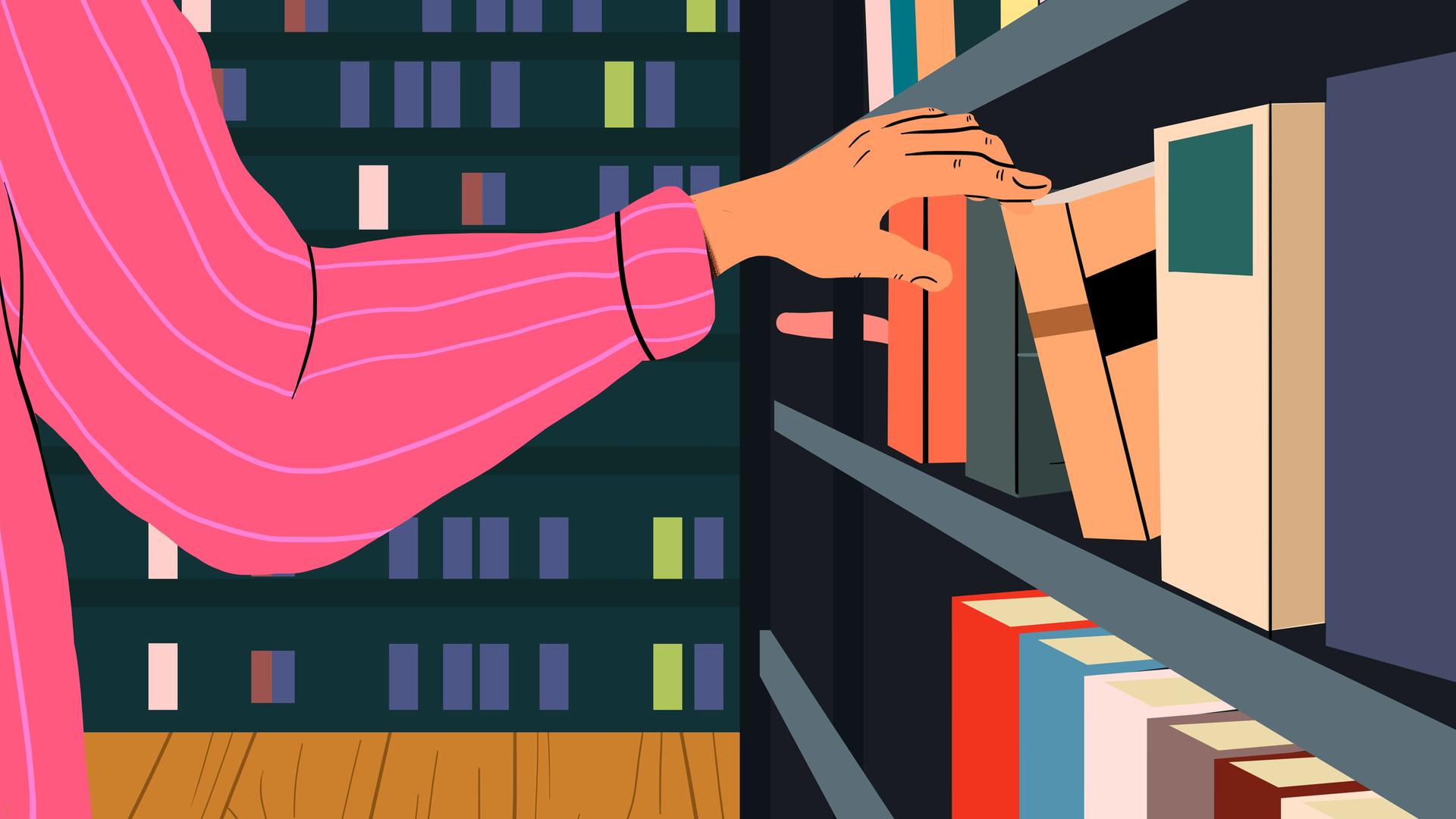 Illustration: eine Hand greift in ein Bücherregal.