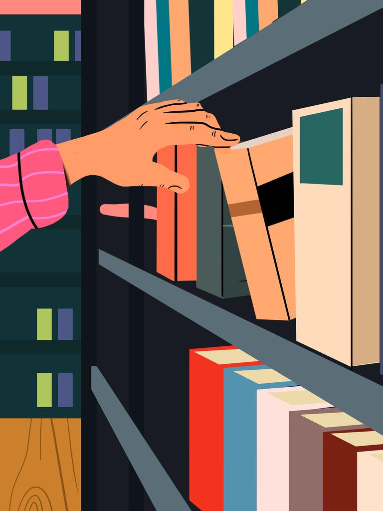 Illustration: eine Hand greift in ein Bücherregal.