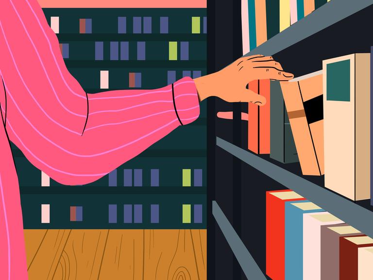 Illustration: eine Hand greift in ein Bücherregal.