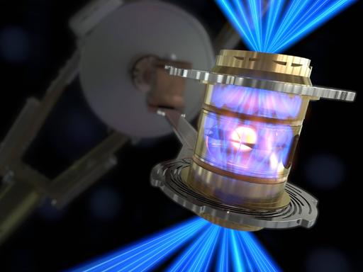 Ein Bündel von blauen Laserstrahlen trifft auf das "Target" in einem Hohlraum und löst die Fusion aus (Illustration)