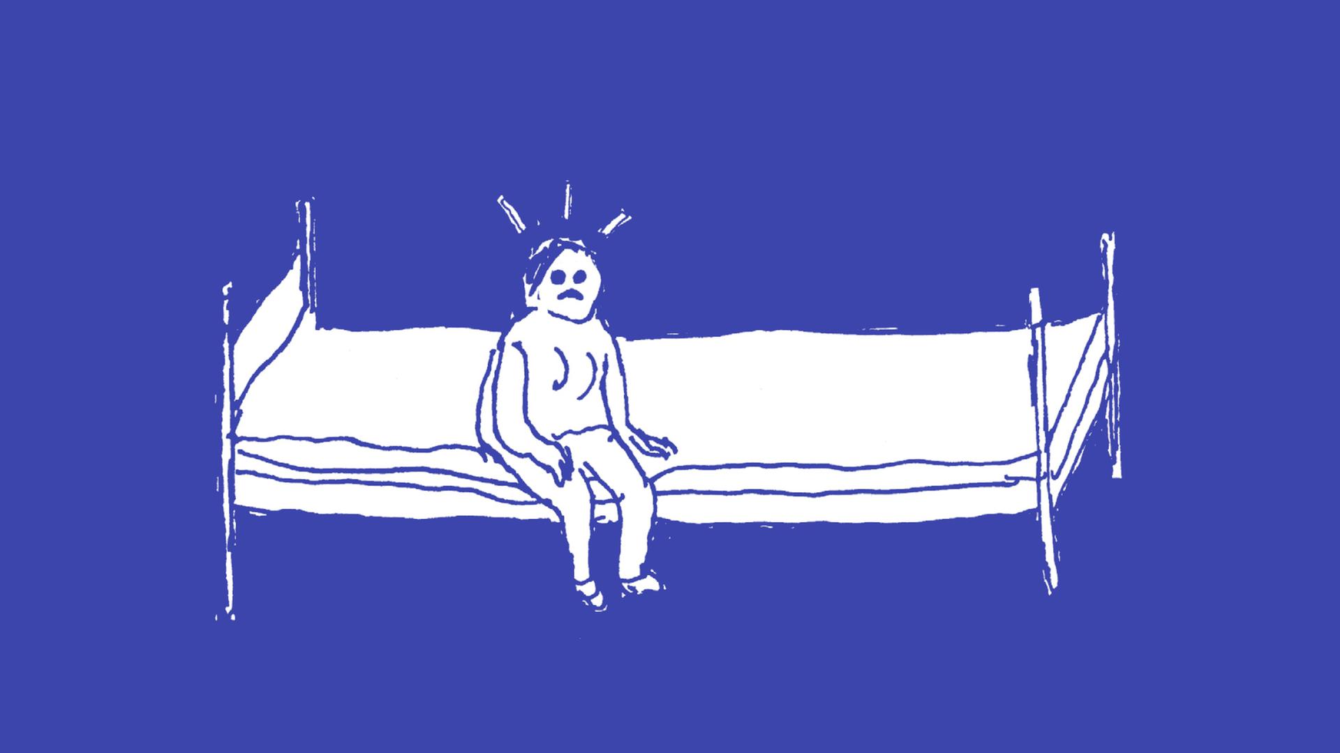 Ein comic-hafte Zeichnung eines Bettgestells vor blauem Hintergrund. Am Bettrand sitzt eine Figur.