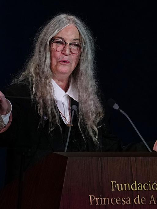 Patti Smith speaks during the Princess of Asturias Awards ceremony in Oviedo, northern Spain, Friday, Oct. 23, 2026. (AP Photo/Miguel Oses)