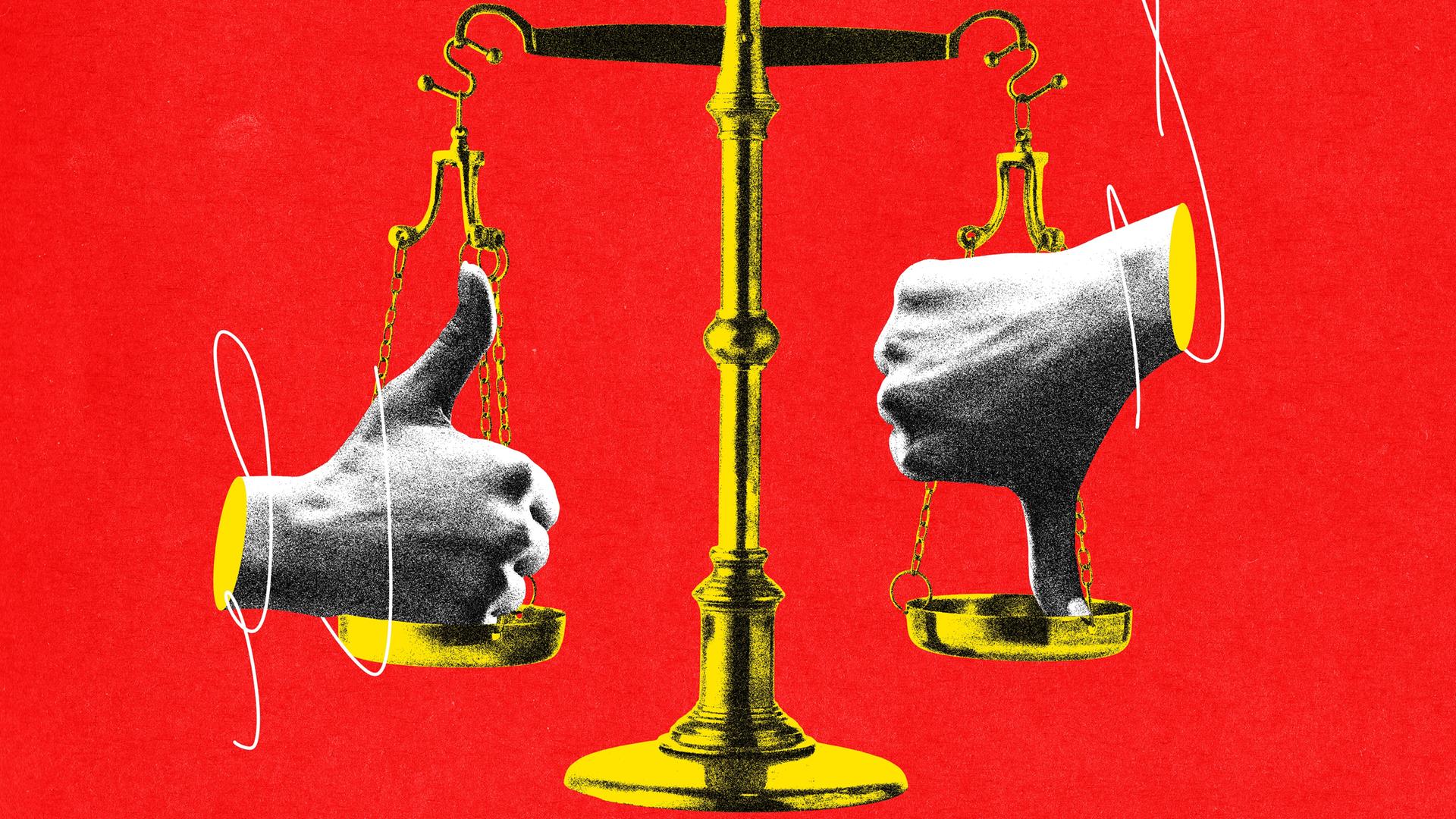 Illustration: Justiz-Waage mit einem Daumen hoch und einem Daumen runter auf den beiden Waagschalen.