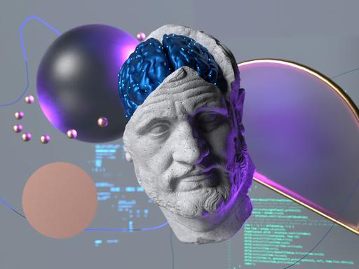 Illustrative Collage zeigt eine alte Büste mit künstlichem Gehirn und KI-Protokollen. 
