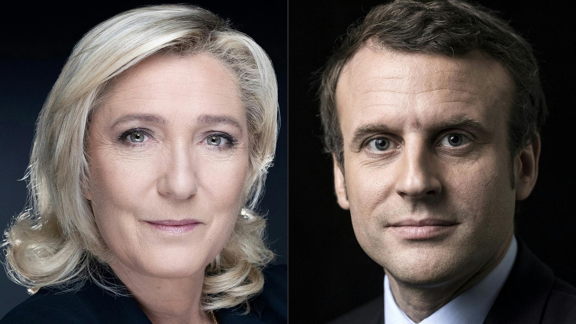 Links auf dem Bild ist Marine Le Pen und rechts sieht man Emmanuel Macron.