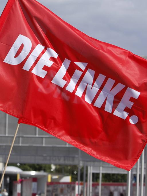 Eine Fahne mit Aufschrift "Die Linke" weht im Wind.