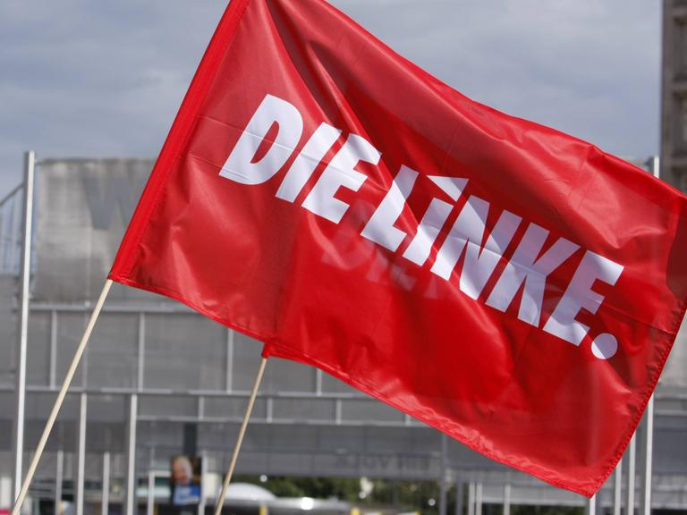 Eine Fahne mit Aufschrift "Die Linke" weht im Wind.