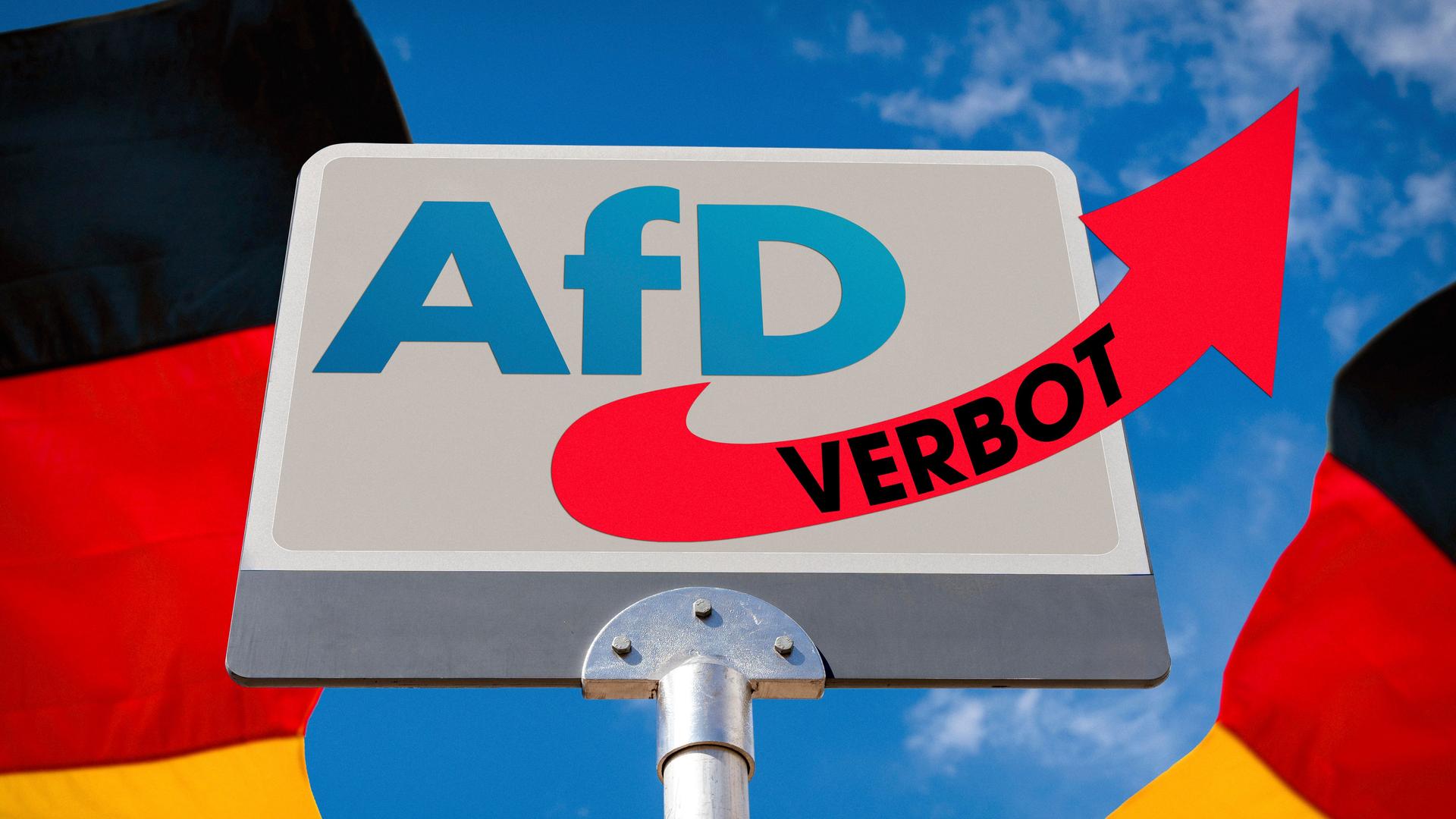 Symbolbild mit einem Schild mit einem AfD-Logo mit der Aufschrift Verbot.