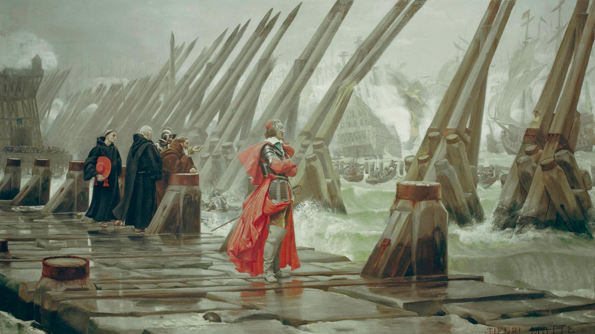 Kardinal Richelieu besichtigt den Damm, den er bauen ließ, um der Stadt den Zugang zum Meer abzuriegeln. 