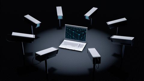 Illustration: Überwachungskameras stehen im Kreis und zeigen alle auf ein Laptop in der Mitte.