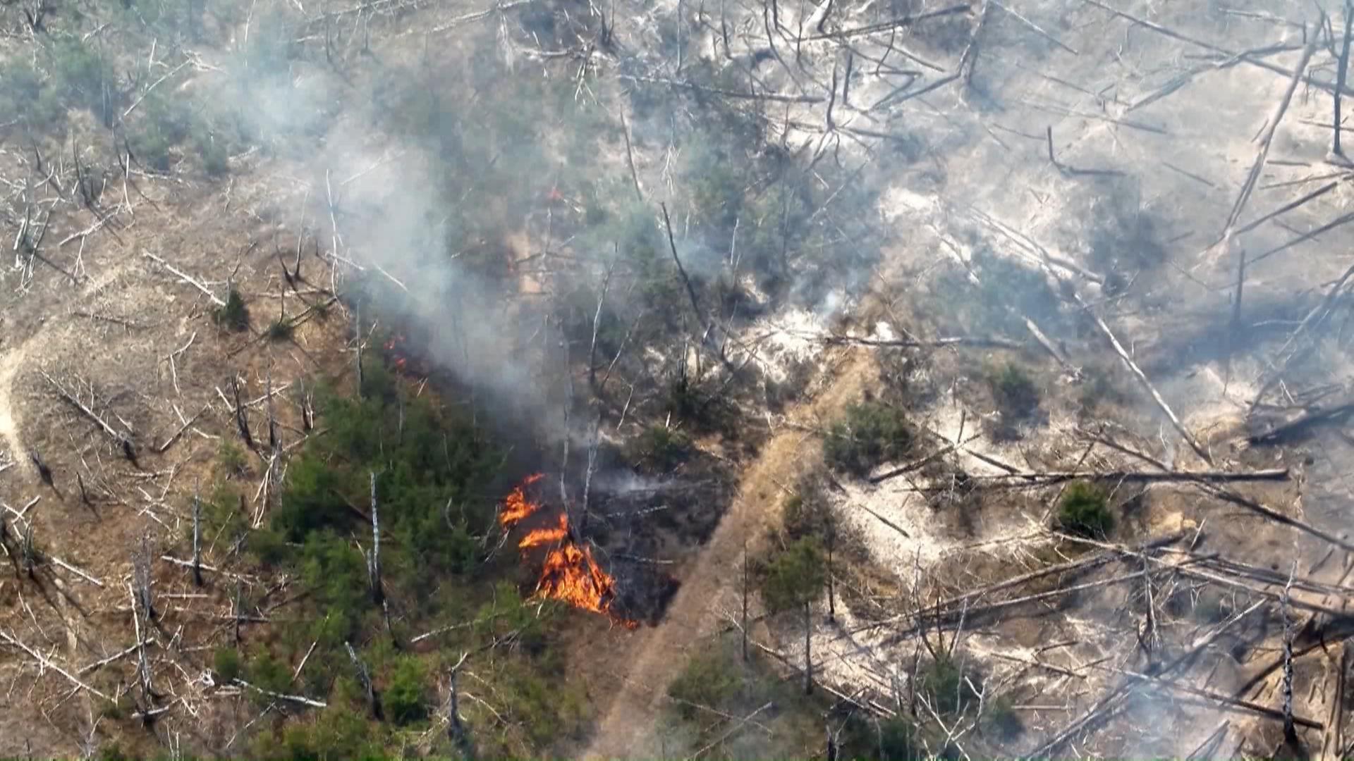 Eine Aufnahme einer Drohne zeigt einen Waldbrand in einem munitionsbelasteten Gebiet bei Jüterbog (Teltow-Fläming).