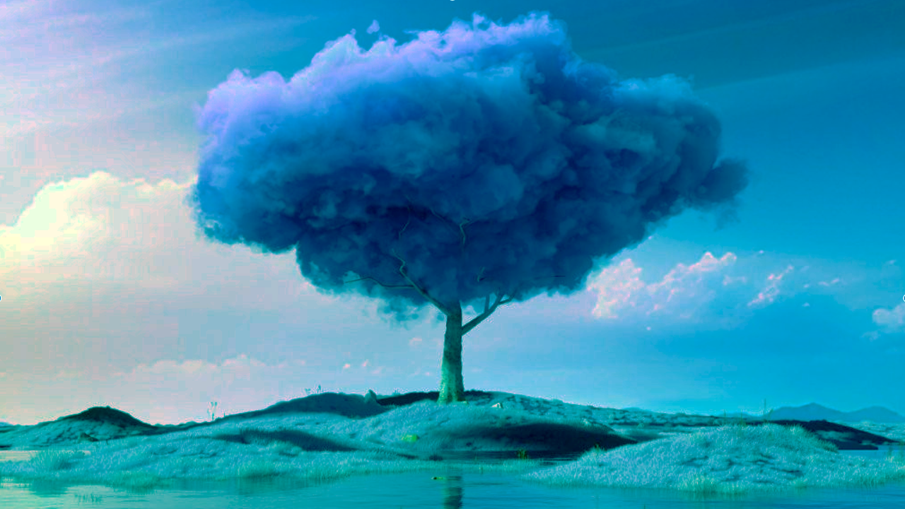 Bild eines Baumes, dessen Krone eine Wolke ist, türkis eingefärbt