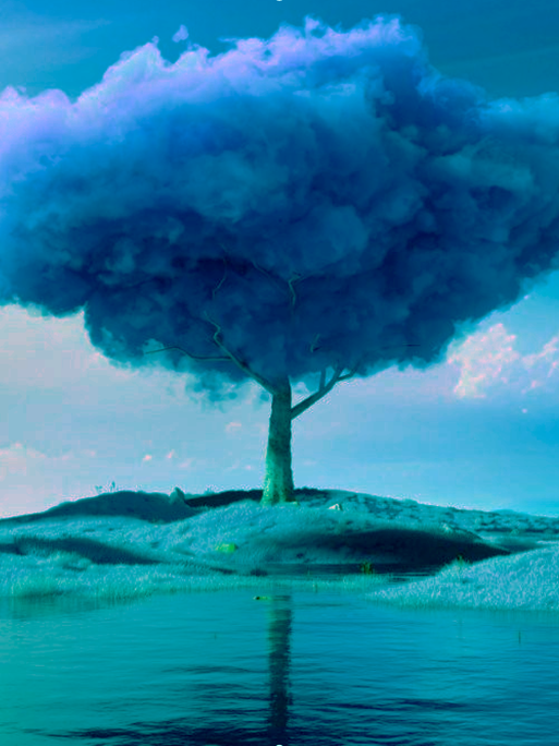 Bild eines Baumes, dessen Krone eine Wolke ist, türkis eingefärbt
