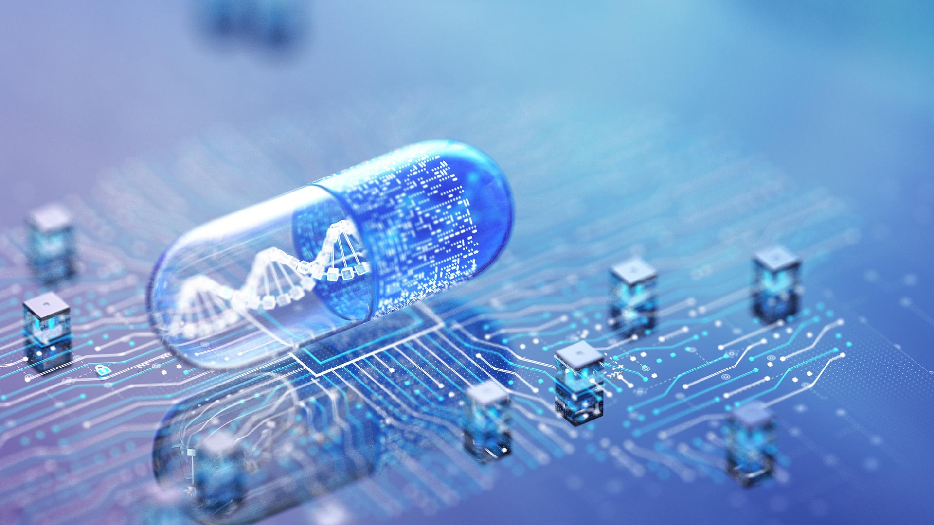 3D-Illustration einer Tablettenkapsel auf einer Platine. In der Kapsel schwebt eine Doppelhelix.