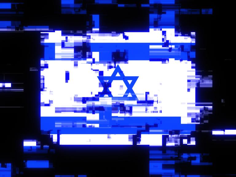 Illustration einer israelischen Flagge auf einem Bildschirm. Die Flagge ist teilweise in Artefakte aufgebrochen bzw. verzerrt. Illustration einer israelischen Flagge auf einem Bildschirm. Die Flagge ist teilweise in Artefakte aufgebrochen bzw. verzerrt.