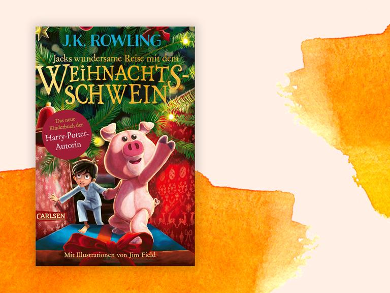 Das Cover des Buches "Jacks wundersame Reise mit dem Weihnachtsschwein" von J.K Rowling vor einem grafischen Hintergrund.