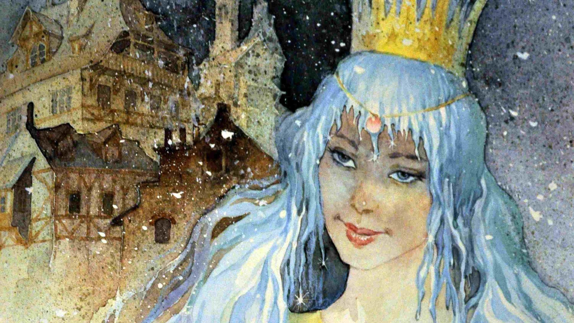 Die Schneekönigin, Repro aus dem Märchenbuch "Die große Märchenschatztruhe": Schneekönigin mit weiß-grauem Haar und Krone im Schnee vor einem Schloss. Die Schneekönigin, Repro aus dem Märchenbuch "Die große Märchenschatztruhe": Schneekönigin mit weiß-grauem Haar und Krone im Schnee vor einem Schloss.