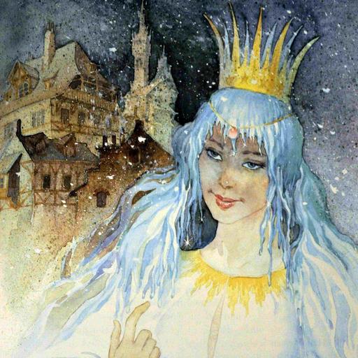 Die Schneekönigin, Repro aus dem Märchenbuch "Die große Märchenschatztruhe": Schneekönigin mit weiß-grauem Haar und Krone im Schnee vor einem Schloss.