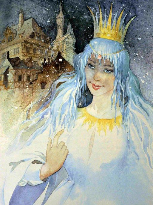 Die Schneekönigin, Repro aus dem Märchenbuch "Die große Märchenschatztruhe": Schneekönigin mit weiß-grauem Haar und Krone im Schnee vor einem Schloss.