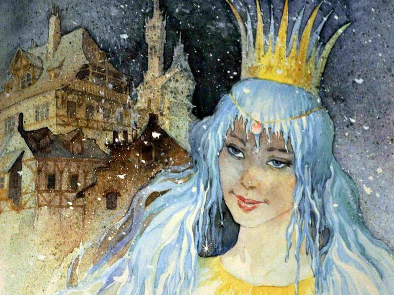Die Schneekönigin, Repro aus dem Märchenbuch "Die große Märchenschatztruhe": Schneekönigin mit weiß-grauem Haar und Krone im Schnee vor einem Schloss.