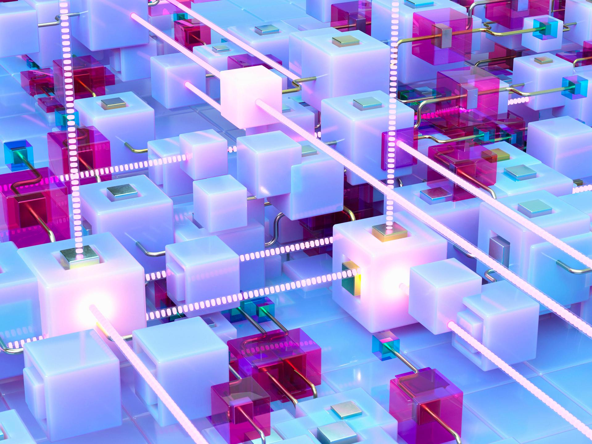 Lichtstrahlen strömen durch verbundene Würfel in einem abstrakten Muster