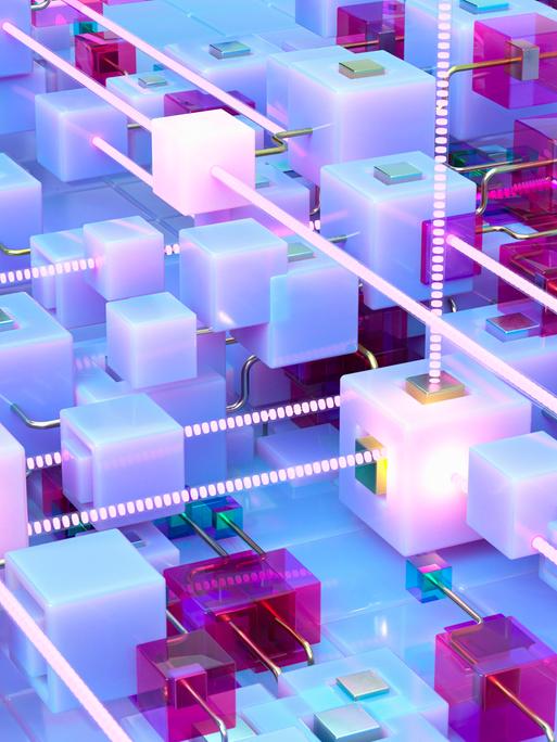 Lichtstrahlen strömen durch verbundene Würfel in einem abstrakten Muster