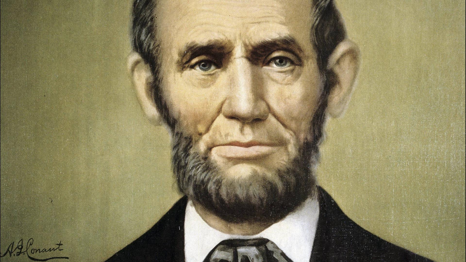 Porträt vom ehemaligen Präsidenten der Vereinigten Staaten Abraham Lincoln (1809–1865) als Ölgemälde von A. G. Conaut.