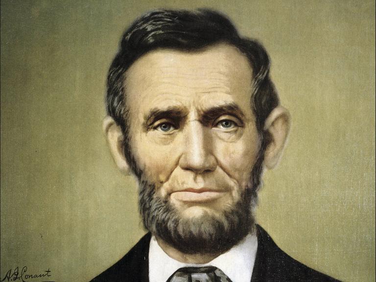 Porträt vom ehemaligen Präsidenten der Vereinigten Staaten Abraham Lincoln (1809–1865) als Ölgemälde von A. G. Conaut. Porträt vom ehemaligen Präsidenten der Vereinigten Staaten Abraham Lincoln (1809–1865) als Ölgemälde von A. G. Conaut.