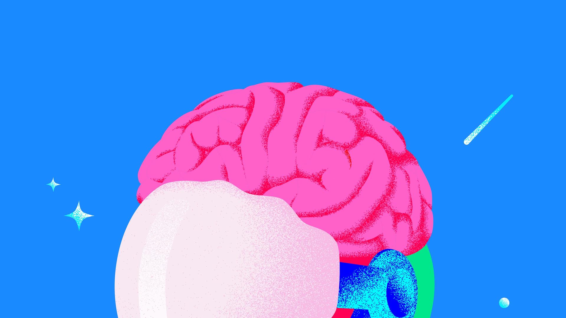 Deep Science - Die Psychonauten. Die Podcast-Illustration zeigt in bunten, unnatürlichen Farben einen gezeichneten Astronautenhelm, aus dessen Oberseite ein Gehirn herausragt Deep Science - Die Psychonauten. Die Podcast-Illustration zeigt in bunten, unnatürlichen Farben einen gezeichneten Astronautenhelm, aus dessen Oberseite ein Gehirn herausragt