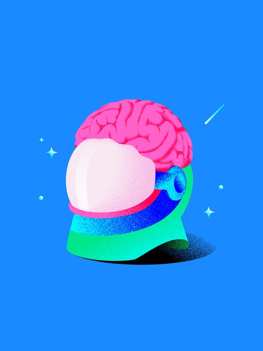 Deep Science - Die Psychonauten. Die Podcast-Illustration zeigt in bunten, unnatürlichen Farben einen gezeichneten Astronautenhelm, aus dessen Oberseite ein Gehirn herausragt