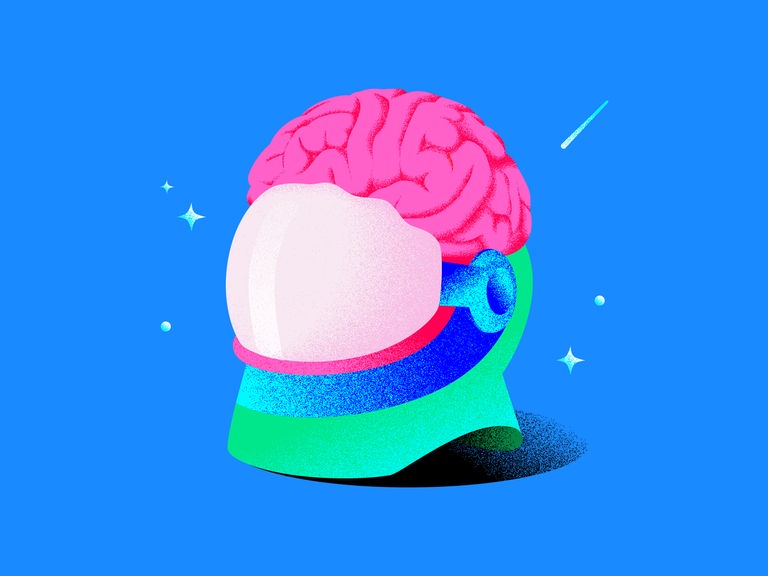 Deep Science - Die Psychonauten. Die Podcast-Illustration zeigt in bunten, unnatürlichen Farben einen gezeichneten Astronautenhelm, aus dessen Oberseite ein Gehirn herausragt