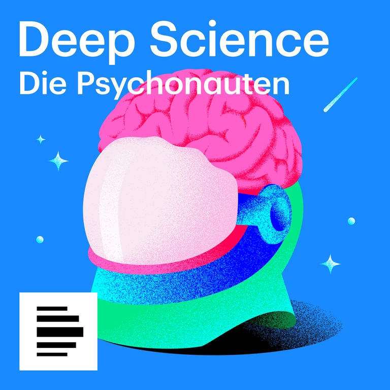 Deep Science - Die Psychonauten. Die Podcast-Illustration zeigt in bunten, unnatürlichen Farben einen gezeichneten Astronautenhelm, aus dessen Oberseite ein Gehirn herausragt