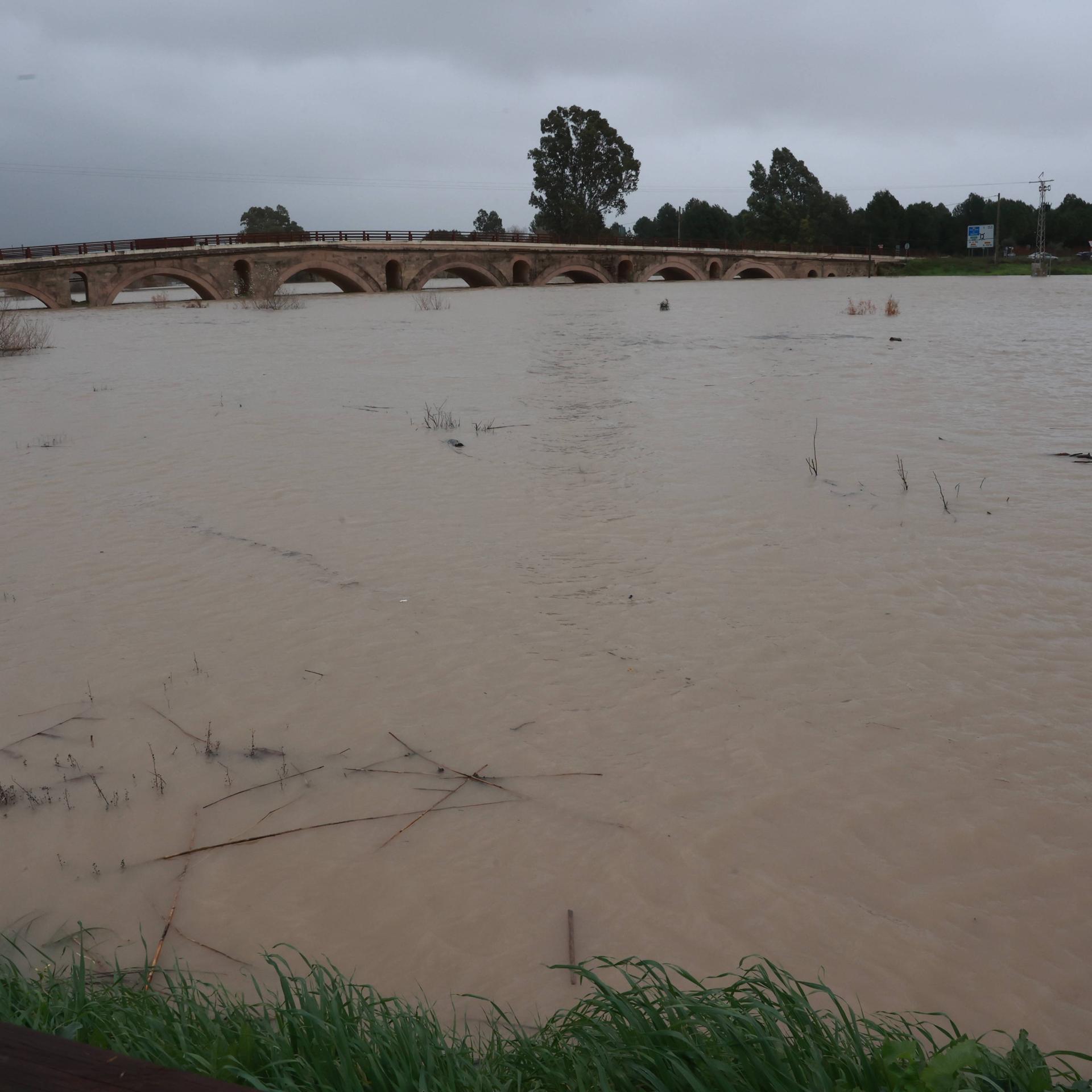 Der durch den Sturm Leonardo stark angestiegene Fluss Guadalete in der Region Cadiz