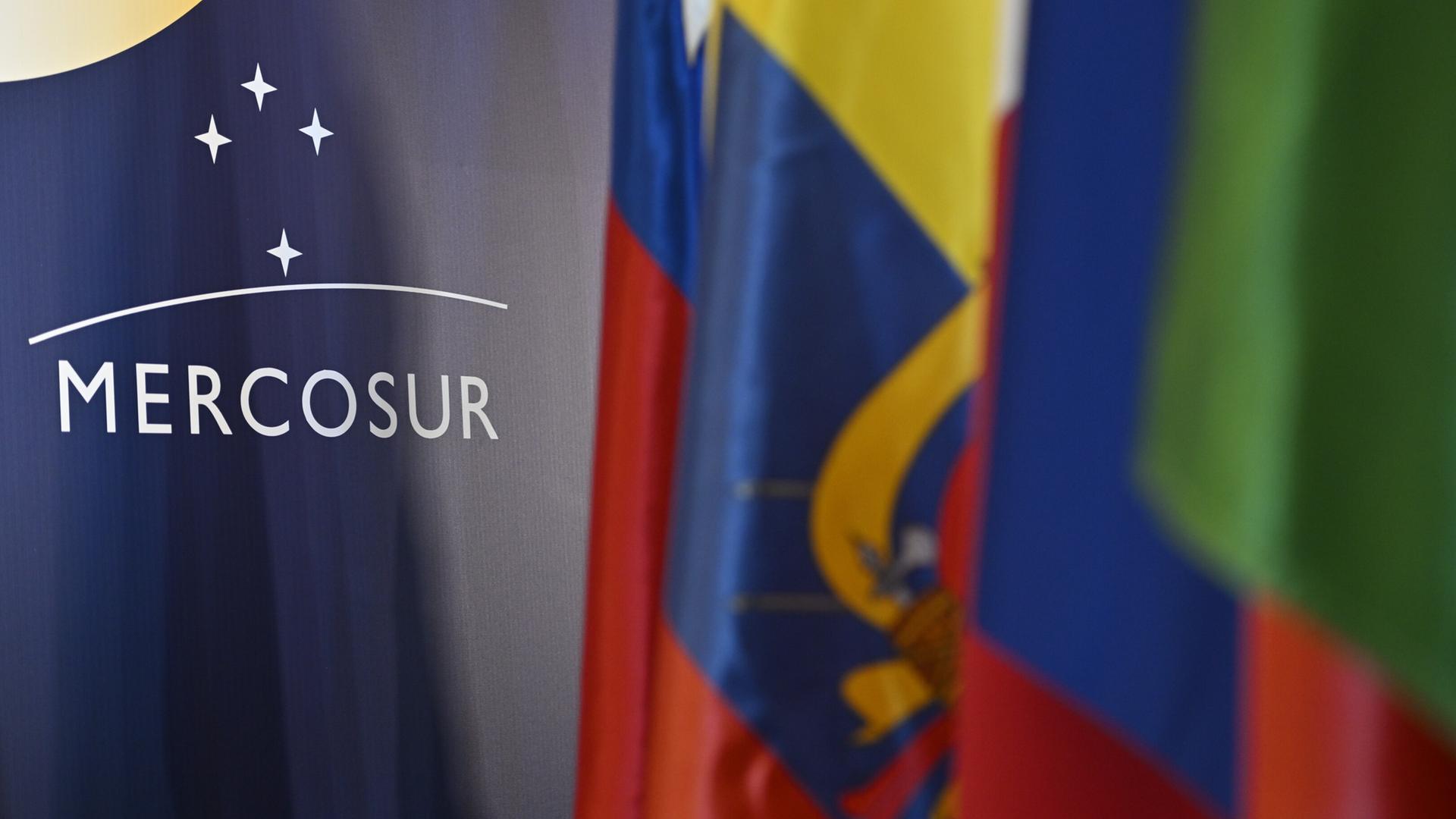 Das Logo des Mercosur ist an einer Wand hinter Flaggen der Mercosur-Mitglieder am Rande eines Gipfels des Wirtschaftsbündnisses zu sehen. Das Logo des Mercosur ist an einer Wand hinter Flaggen der Mercosur-Mitglieder am Rande eines Gipfels des Wirtschaftsbündnisses zu sehen.